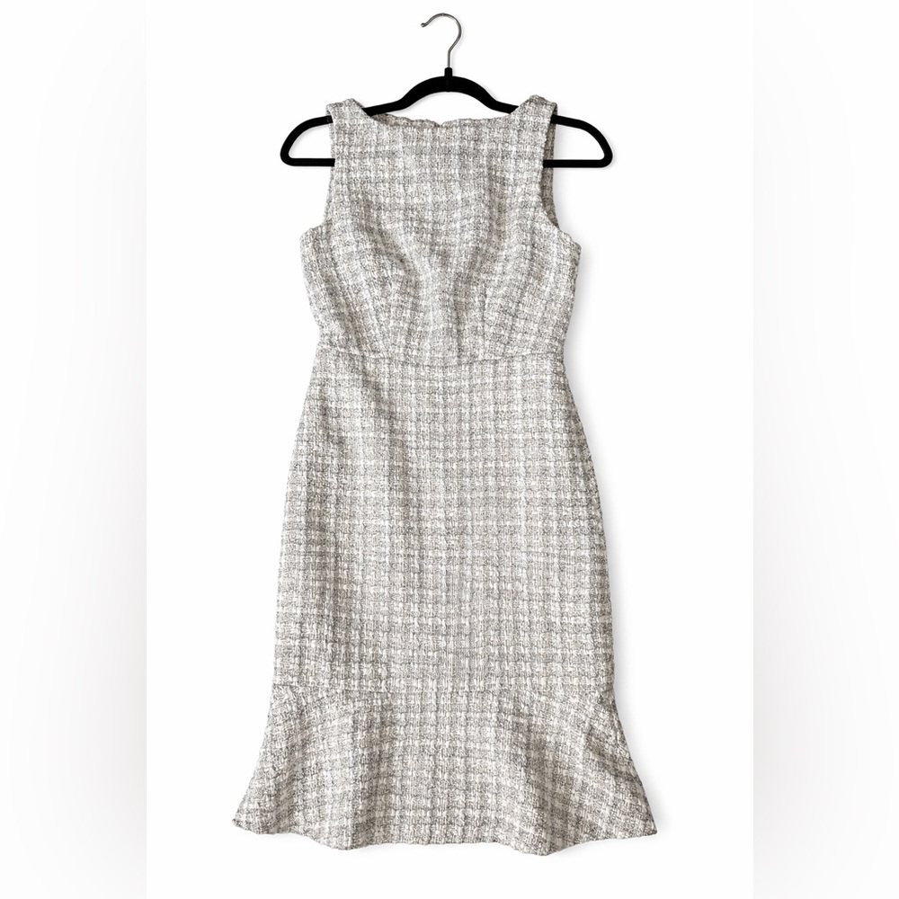Ann Taylor Tweed Midi Sheath Dress in Light Gray and White